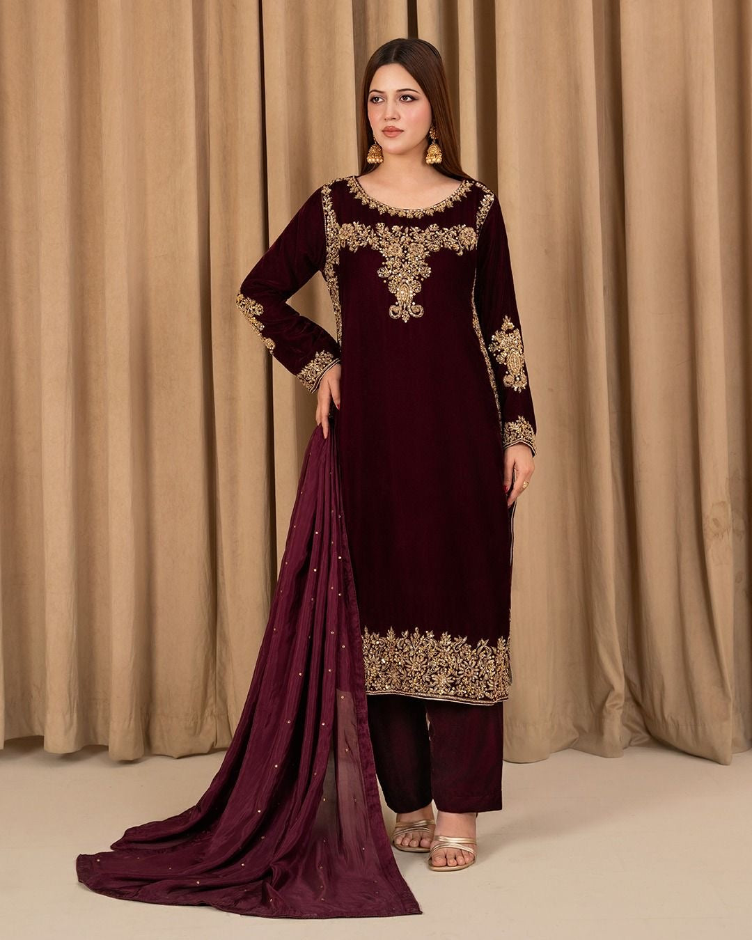 Luxury Velvet Embroidered Dress | Premium Party Wear | Elegant Pakistani Formal Outfit