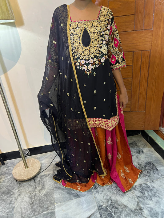 Black Multi-Color Embroidered Pakistani Sharara Set | Party & Wedding Wear